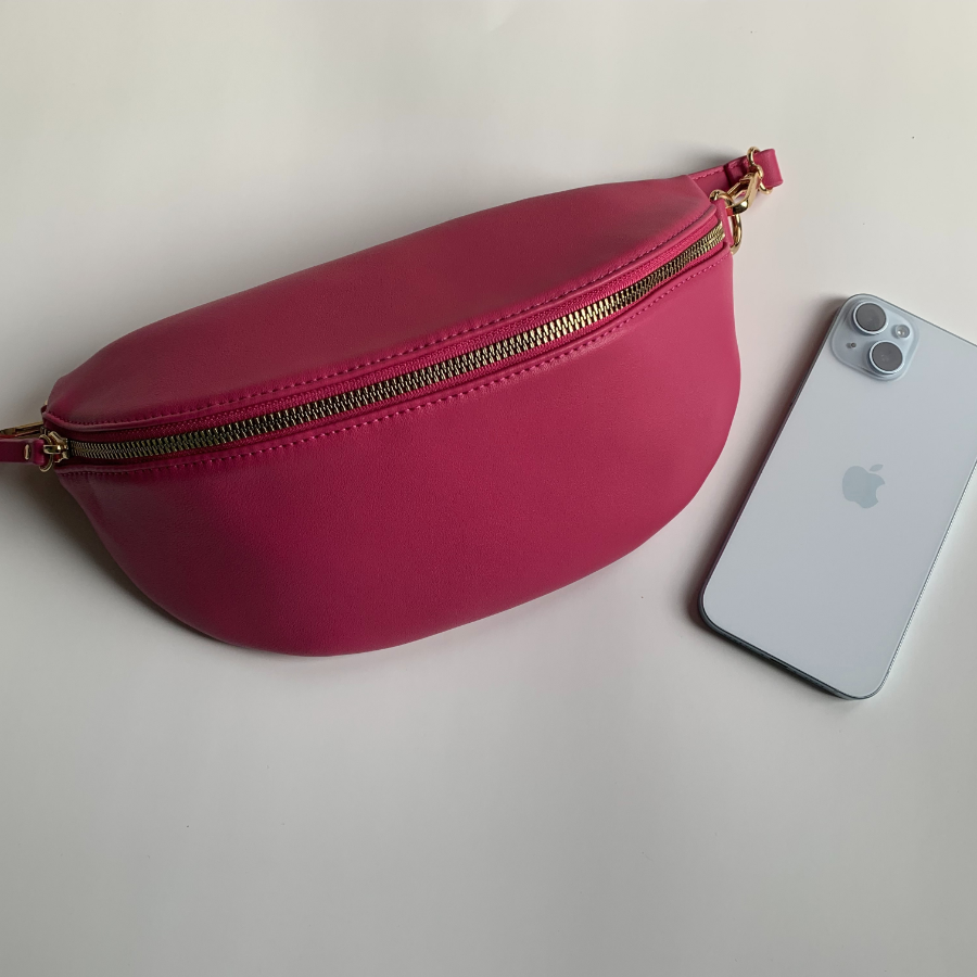 fucsia vegan leather Sling bag with gold zipper, Curlora Pink collection